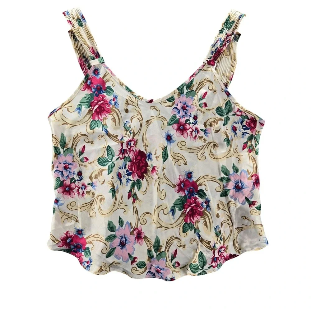 Violets & Roses Floral Print Camisole Tank Top Women's Large Cream Pink Blue - Picture 1 of 6